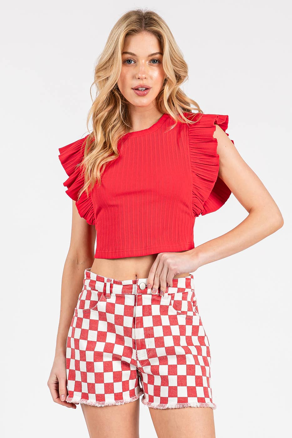 GAME DAY CHECKERED FRAYED HEM CASUAL SHORTS