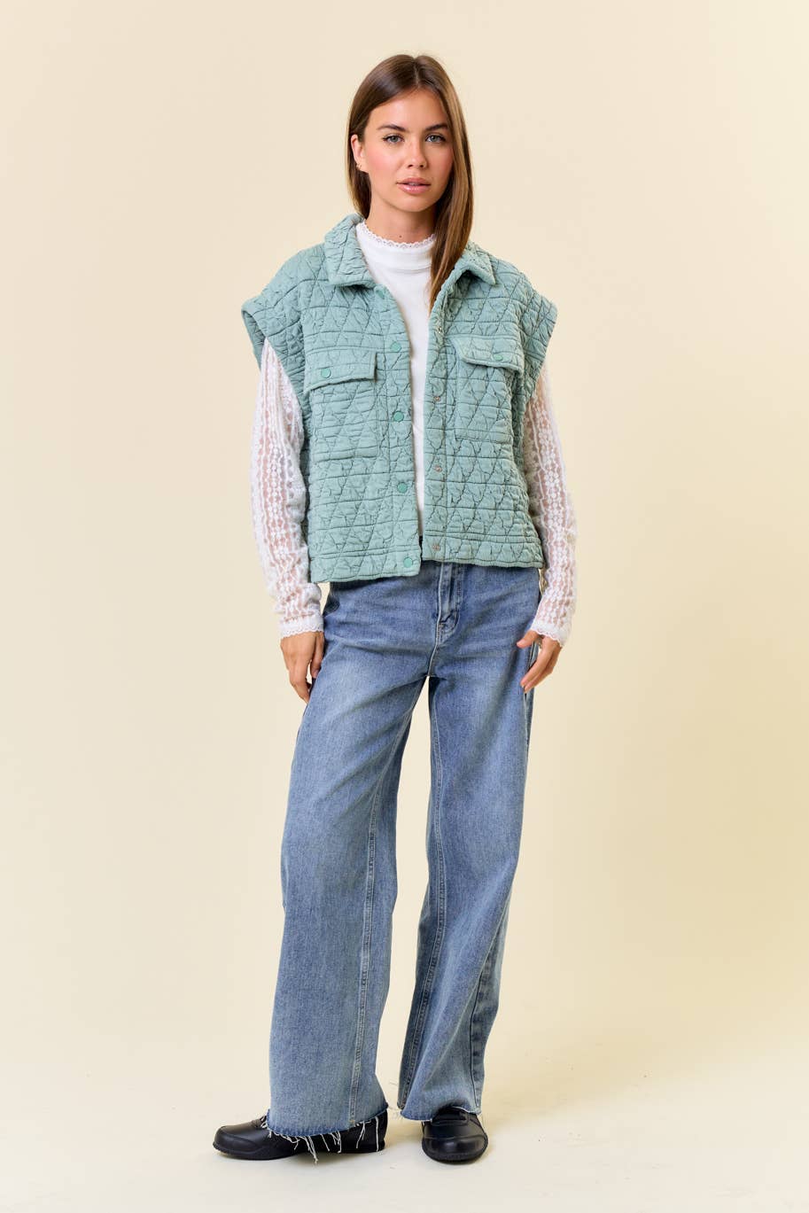 QUILTED POINT COLLAR FLAP PATCHED POCKET VEST - 10626J-1