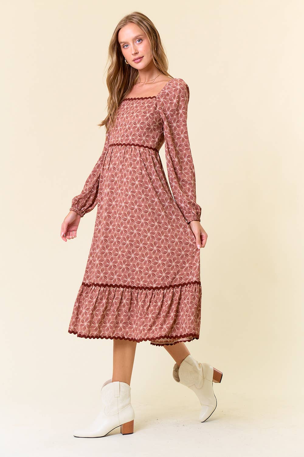 Floral Square Neck Lace Tiered Midi Dress - 27847D
