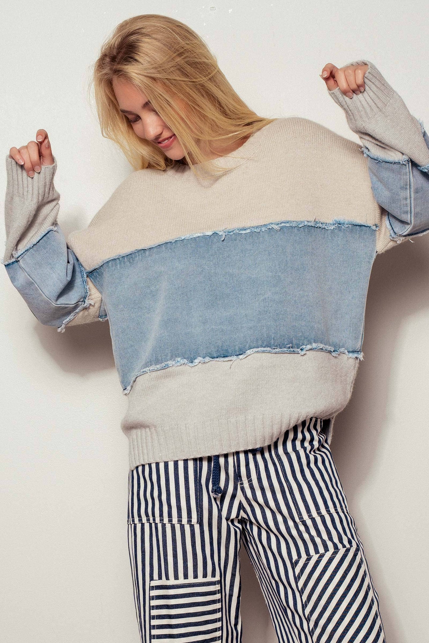 Colorblock Distressed Denim Patchwork Knit Sweater