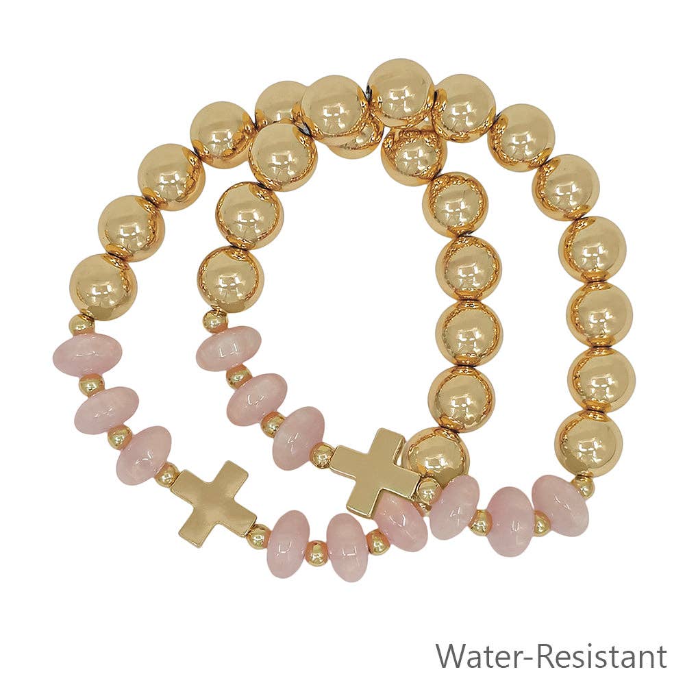 What's Hot - Set of 2 Gold Beaded with Pink Crystals and Gold Cross Stretch Bracelets