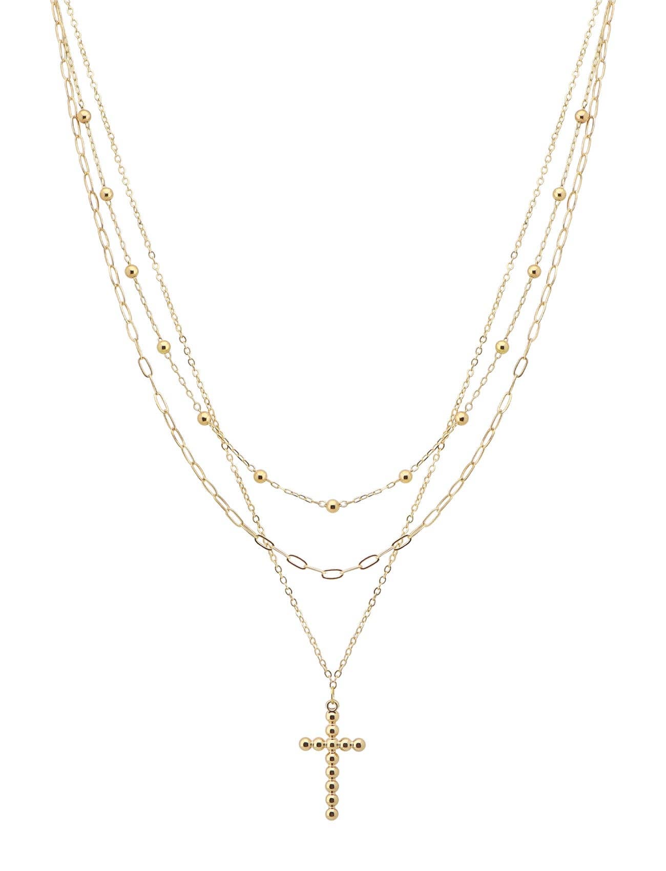 What's Hot - Gold Triple Layered with Bubble Cross Charm 16"-18" Necklace