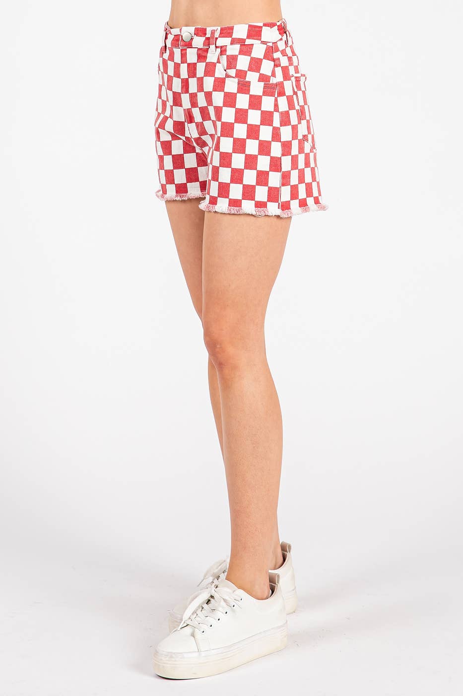 GAME DAY CHECKERED FRAYED HEM CASUAL SHORTS