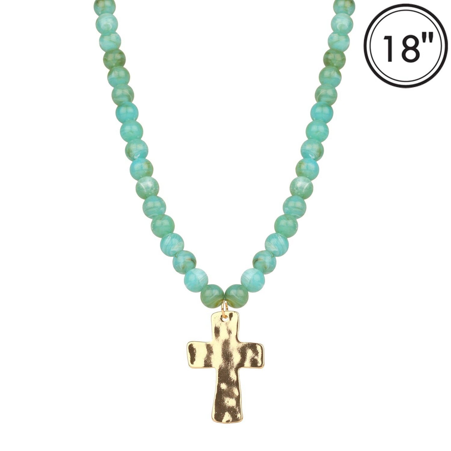 Turquoise Beaded with Hammered Gold Cross 16"-18" Necklace