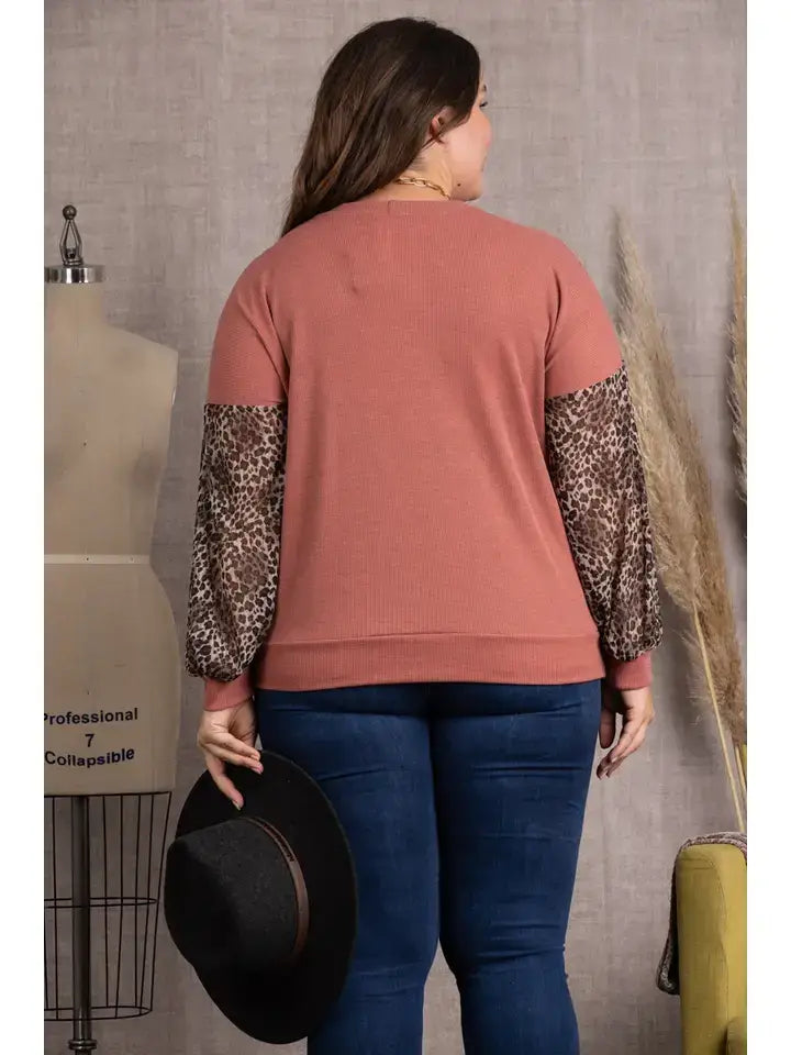 MAUVE ANIMAL PRINT RIB STITCH CONTRAST PLUS SIZE TOP