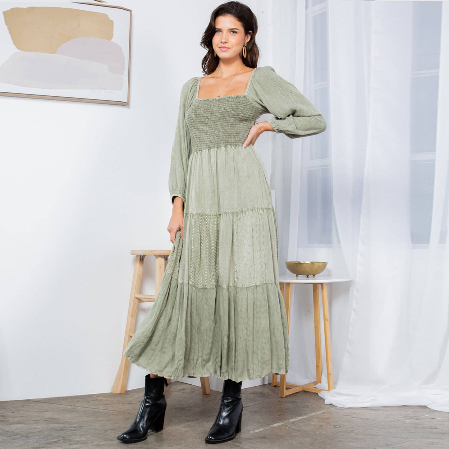 Embroidered Empire Mid-Length Dress (New Color)