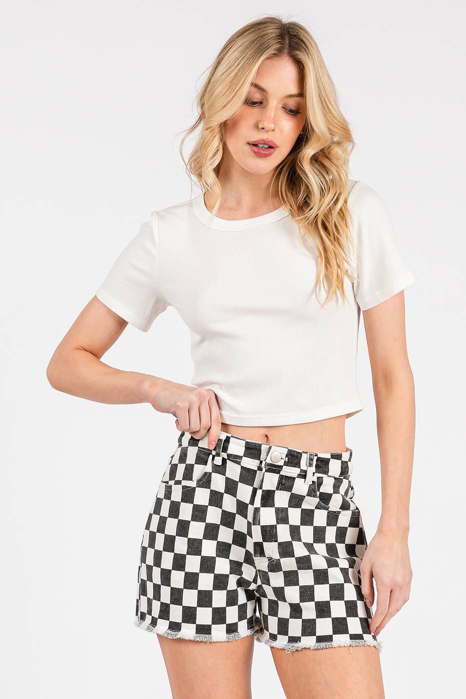 GAME DAY CHECKERED FRAYED HEM CASUAL SHORTS