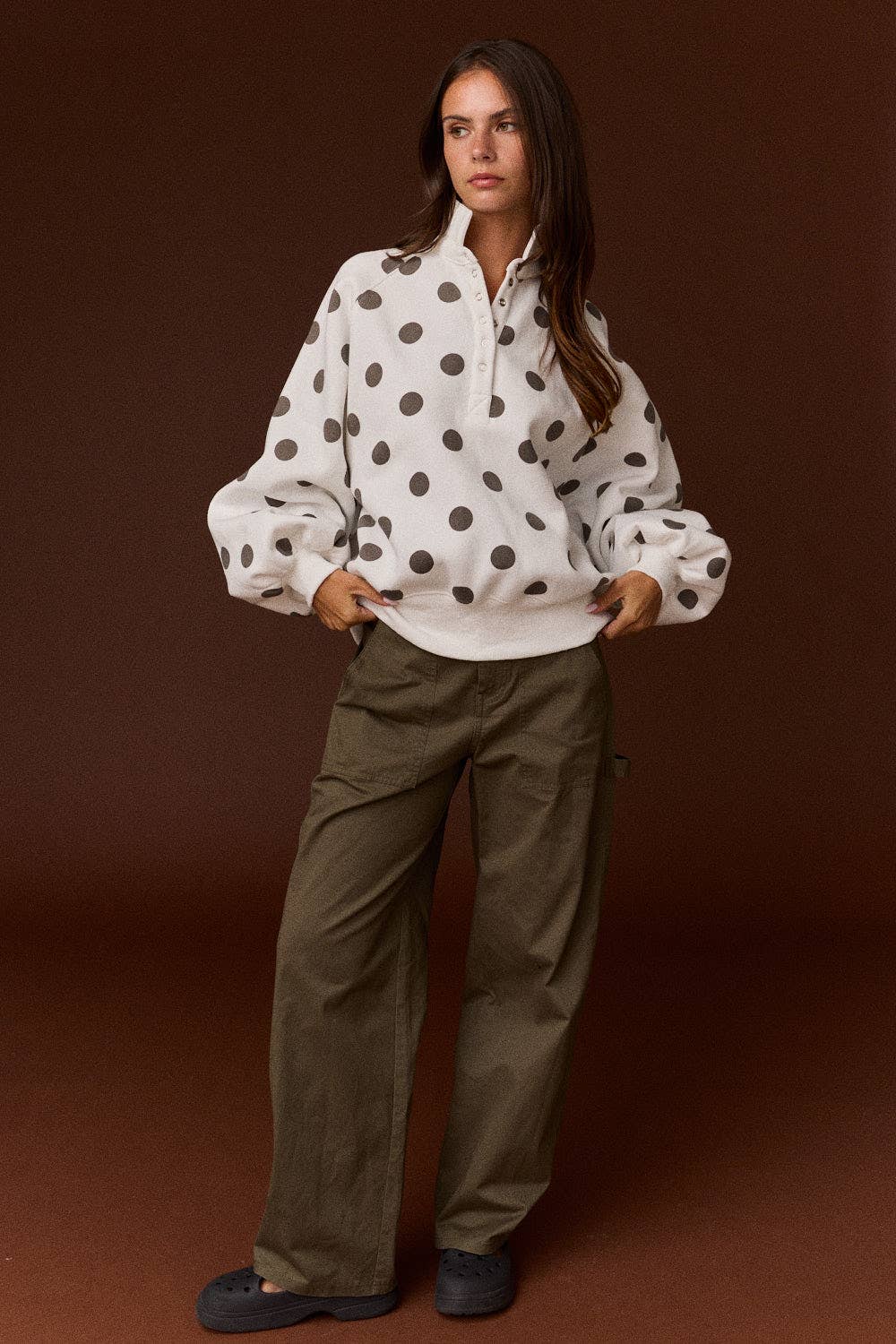 Collar Half-Snap Button Polka Dot Sweatshirt
