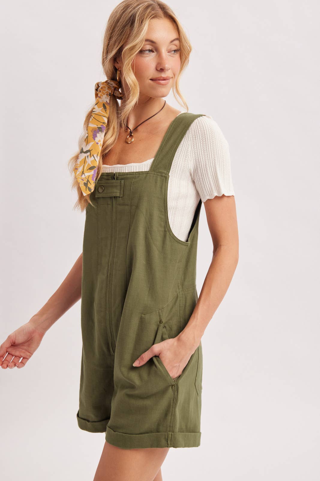 ZIPPER FRONT SNAP BUTTON SQUARE NECK SHORTALLS