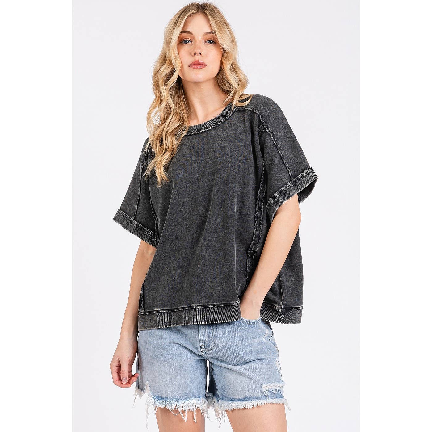 MINERAL WASH FRENCH TERRY CREW NECK CASUAL TOP