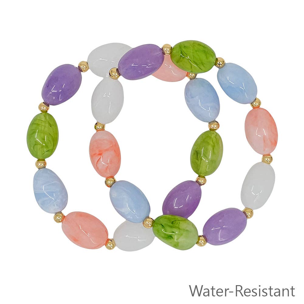 What's Hot - Set of 2 Multi Oval Acrylic and Gold Beaded Stretch Bracelets
