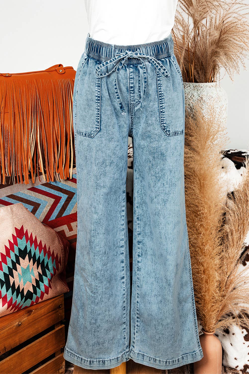 Fall Mineral Wash Drawstring Loose Straight Denim Pants