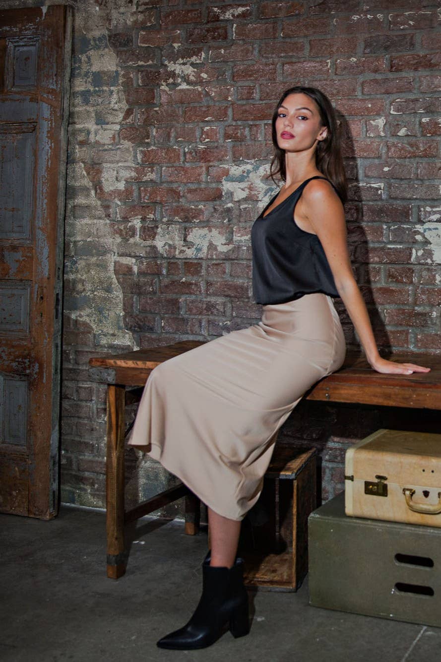 Stretch Satin Midi Skirt