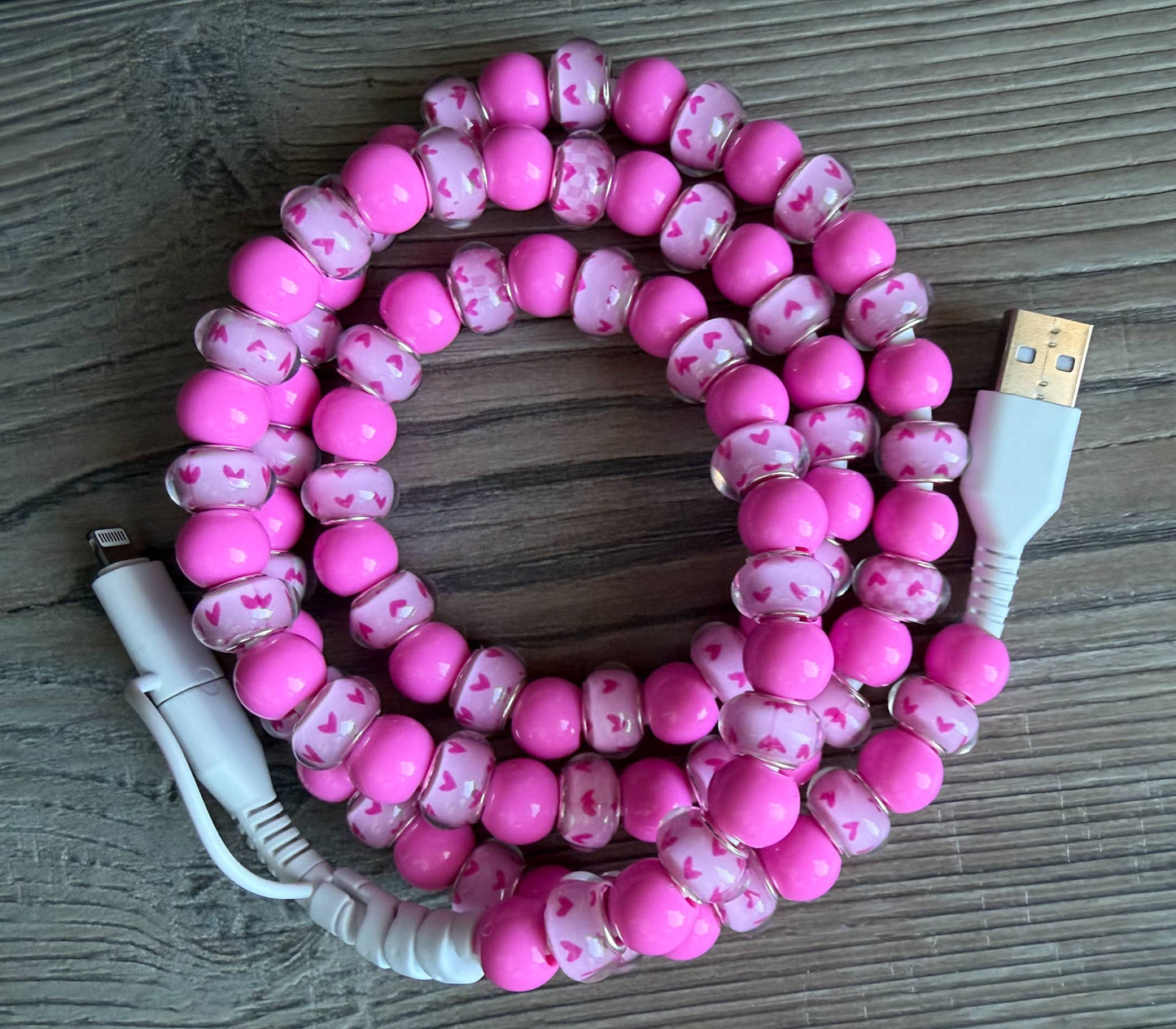 Pink Hearts Beaded Phone Charger with Lightning & USB-C