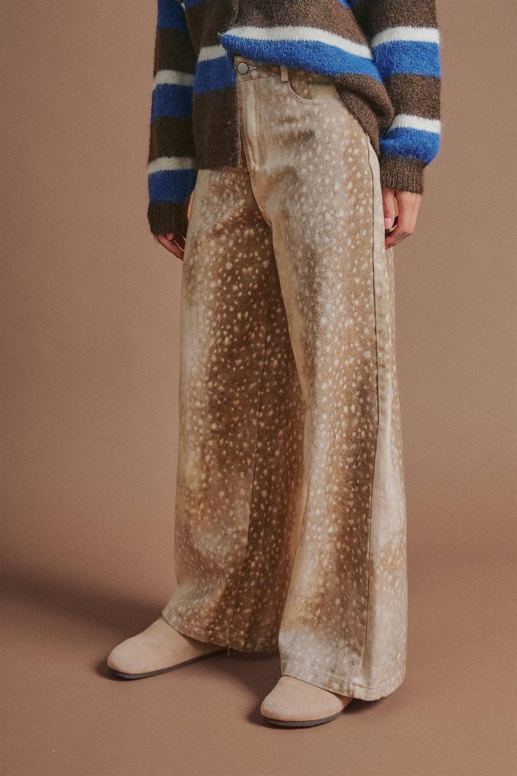Urban Daizy - Deer Spot Print Wide Leg Cotton Twill Pants