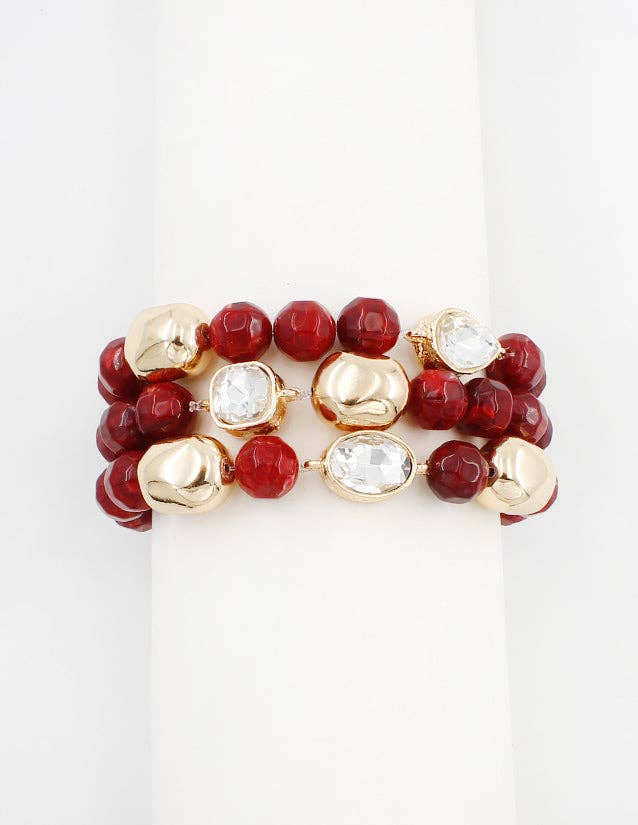 What's Hot - Maroon, Cream, and Crystal Set of Three Natural Beaded Stretch Bracelets