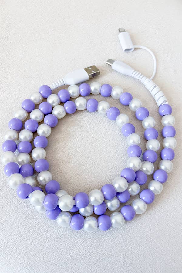 Purple and White Beaded Cord Phone Charger