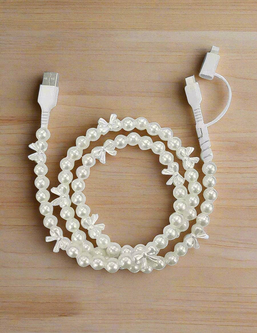 White Pearl Bow Cord Phone Charger