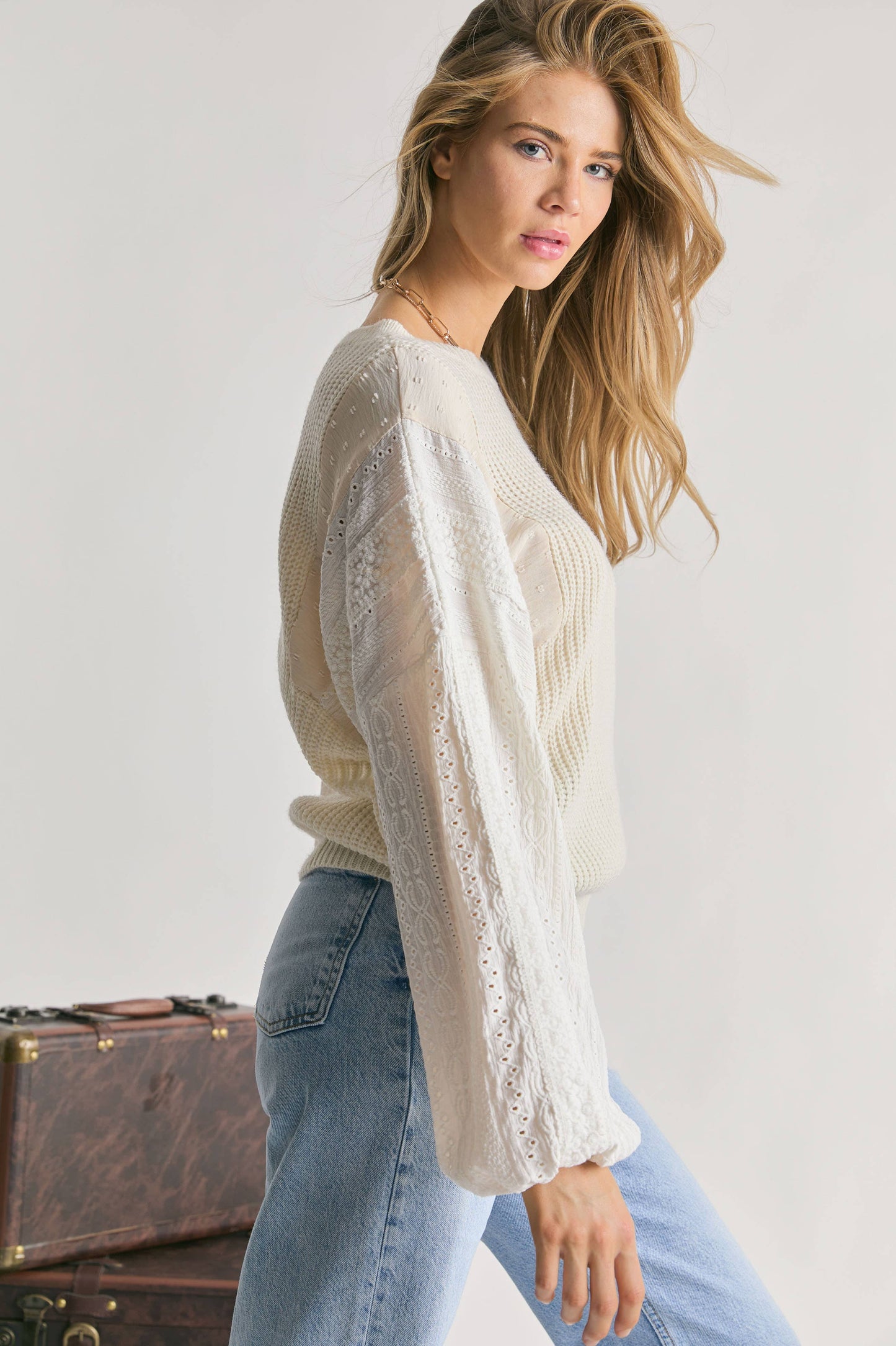 PLUS LACE DETAIL SLEEVE COLOR BLOCK MIXED FABRIC SWEATER PULL OVER TOP