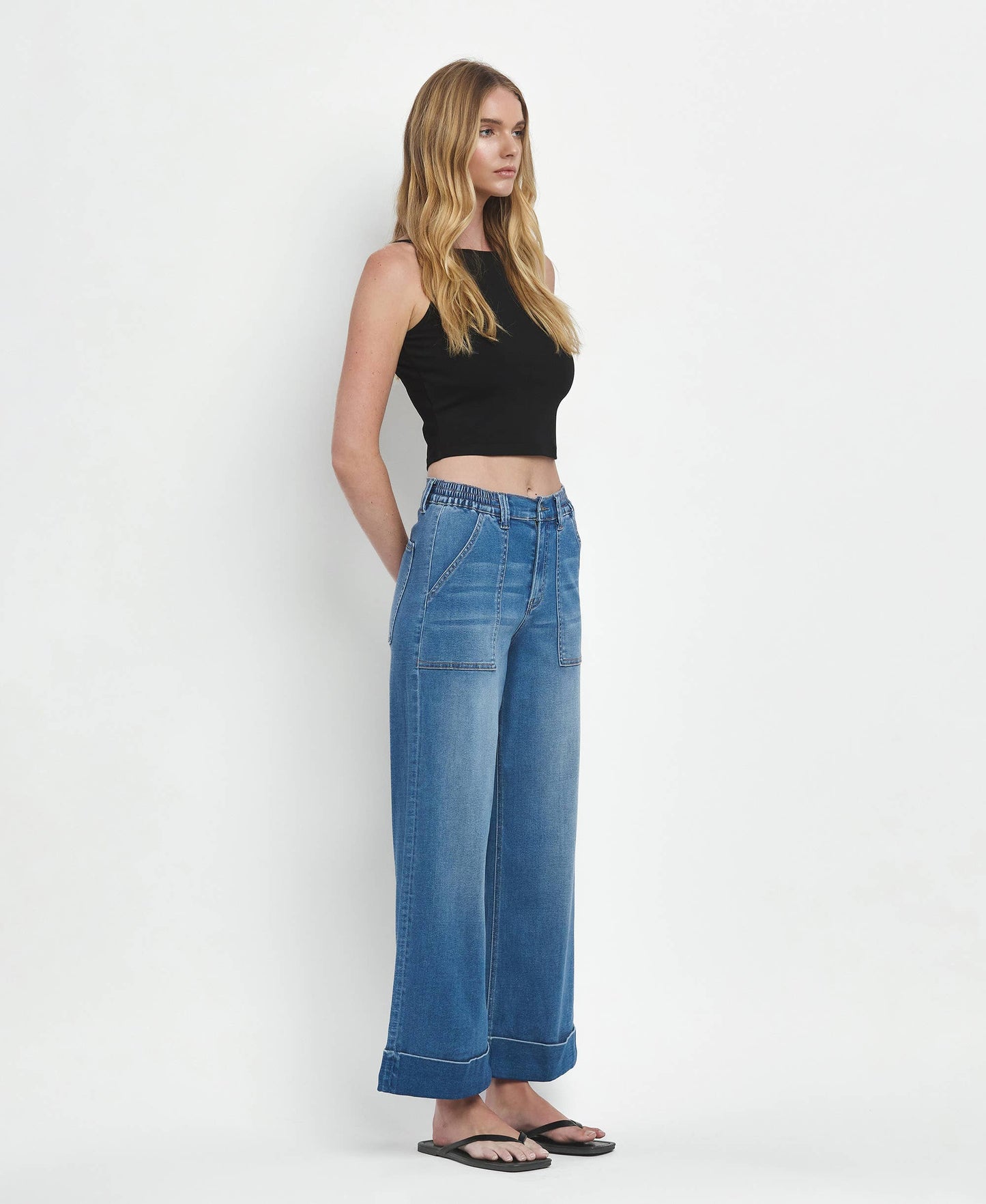 HIGH RISE DOUBLE CUFFED BAGGY WIDE JEANS V3589