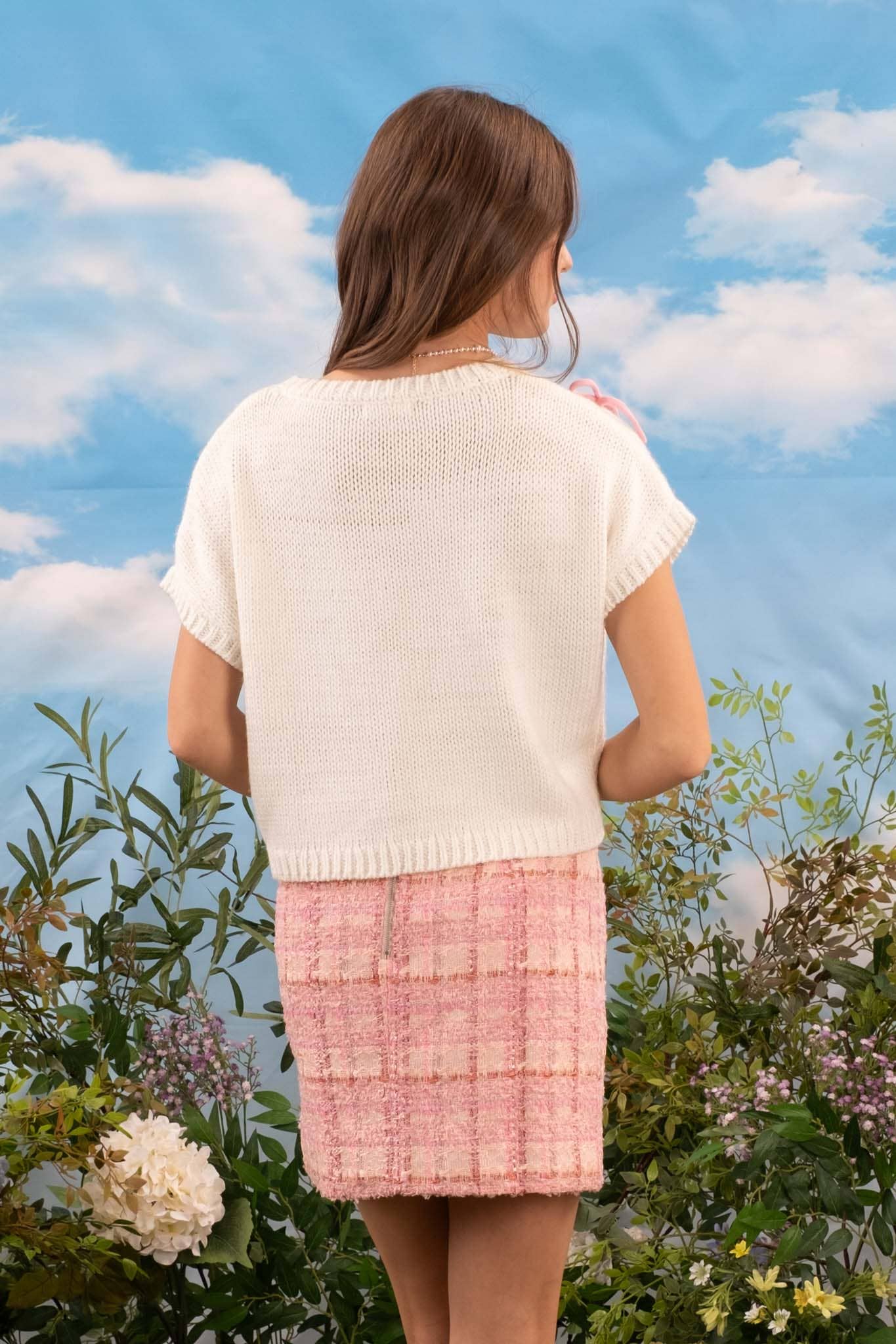 BOW DETAIL SHORT SLEEVE KNIT PULLOVER