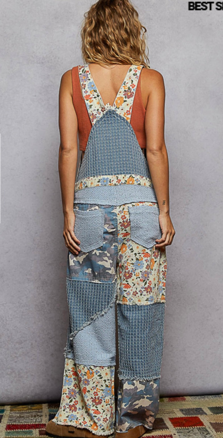 Multi pattern denim overall