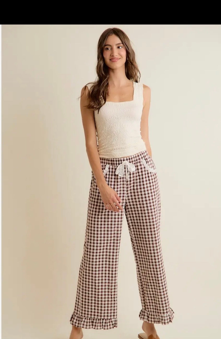 Gingham lace ruffle pants