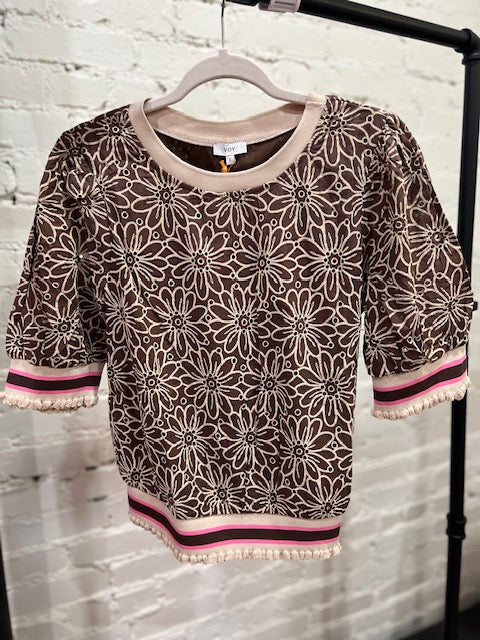 Stripe band detail floral eyelet top