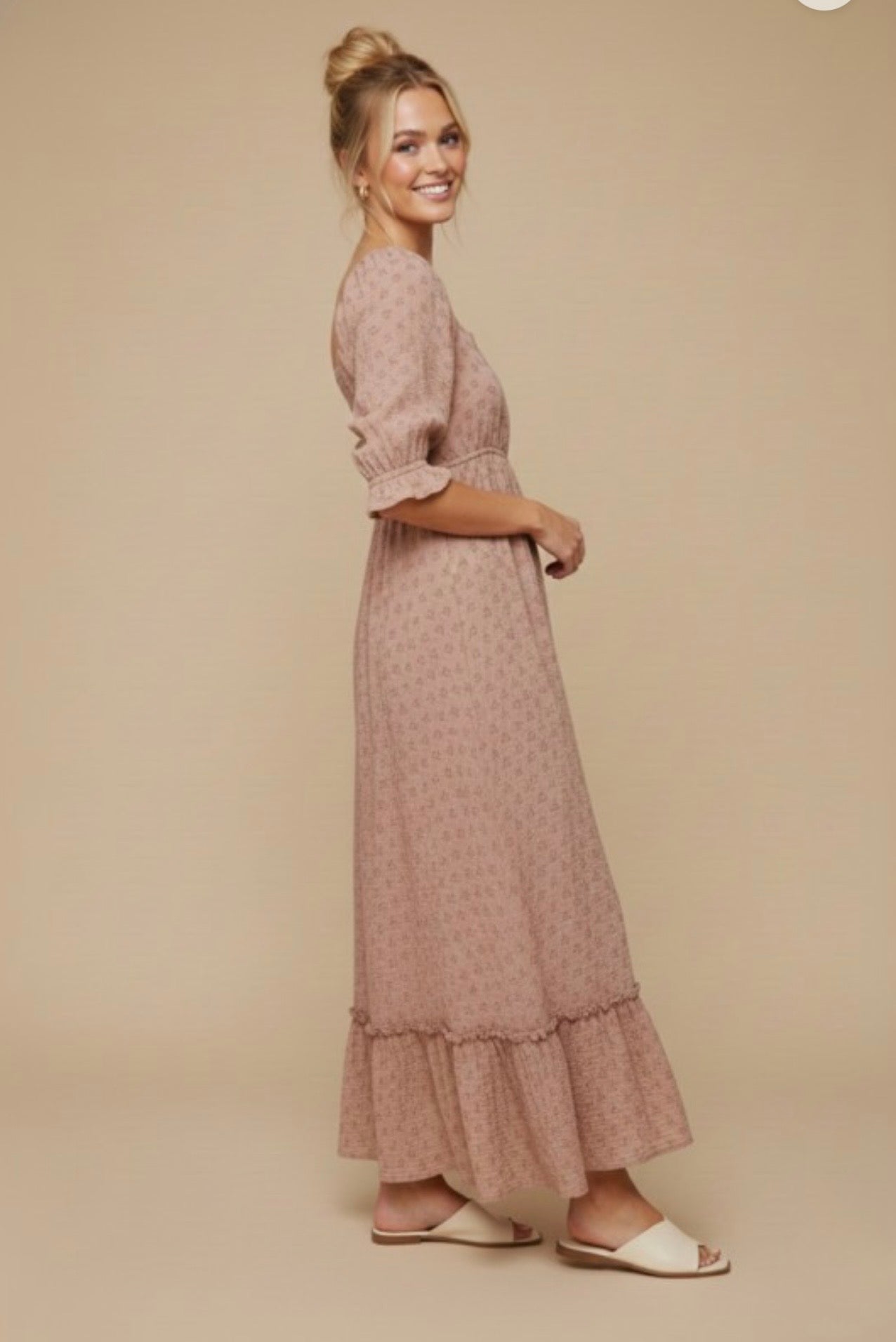 Red floral puff short sleeve maxi dress