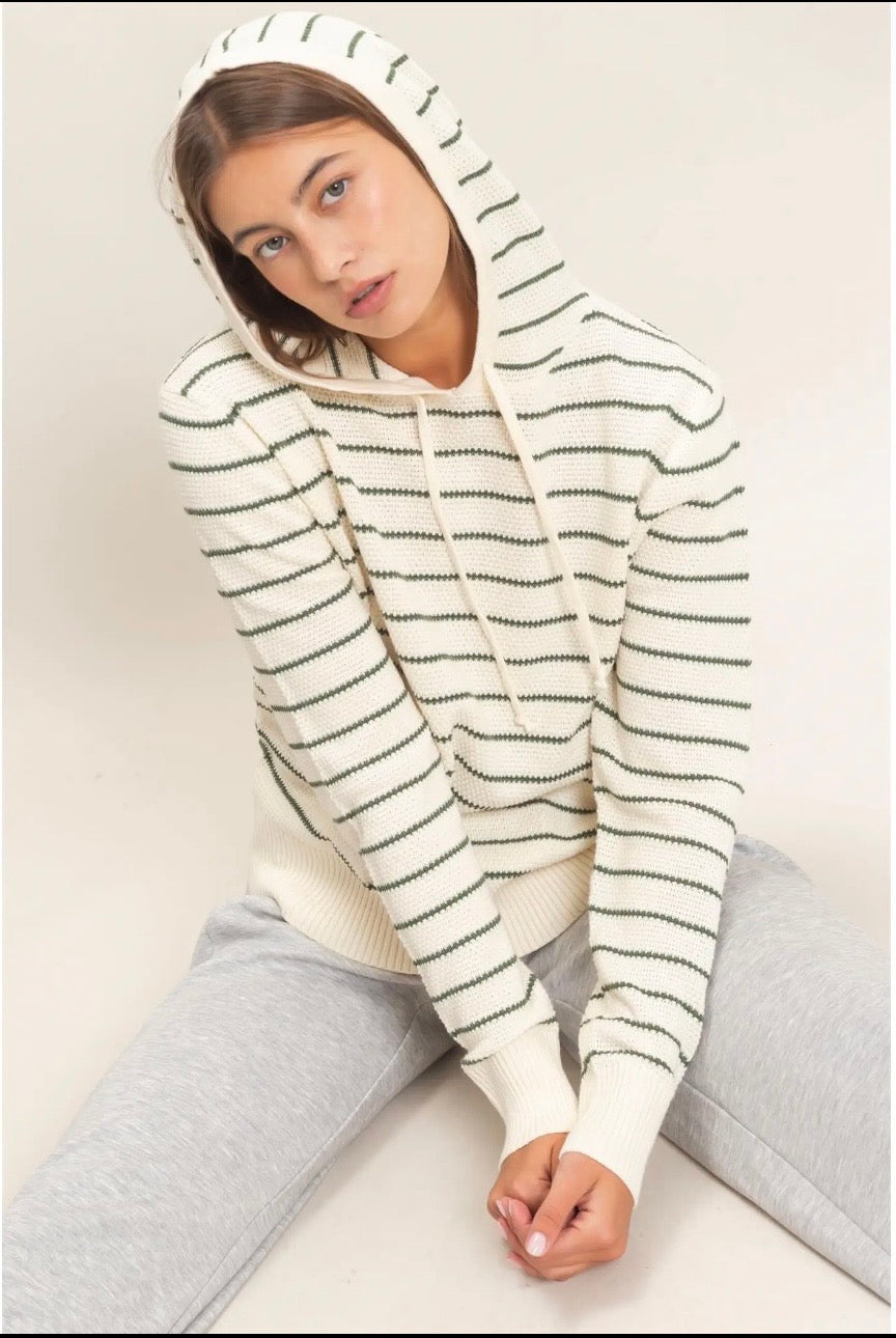Cream/green stripe hooded top