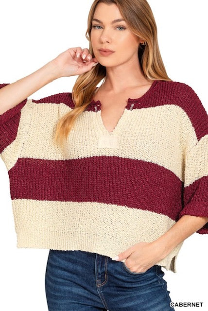 Split neck stripe sweater