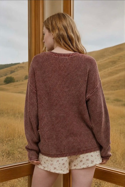 Washed ribbed henley sweater
