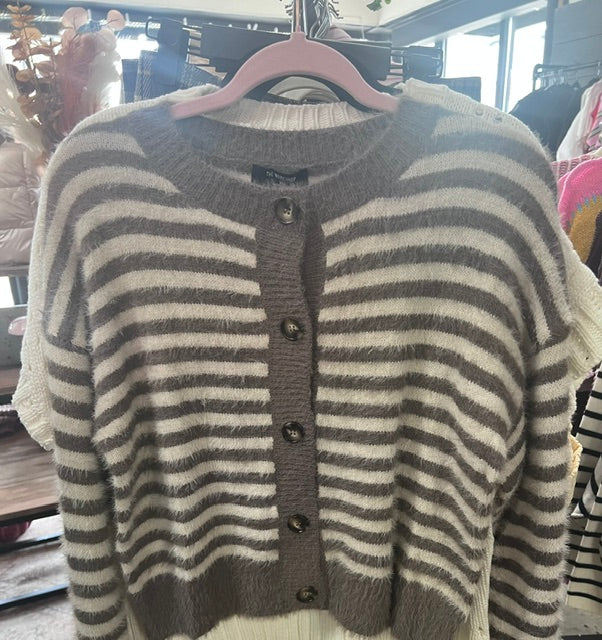 Stripe round neck button down fuzzy cardigan