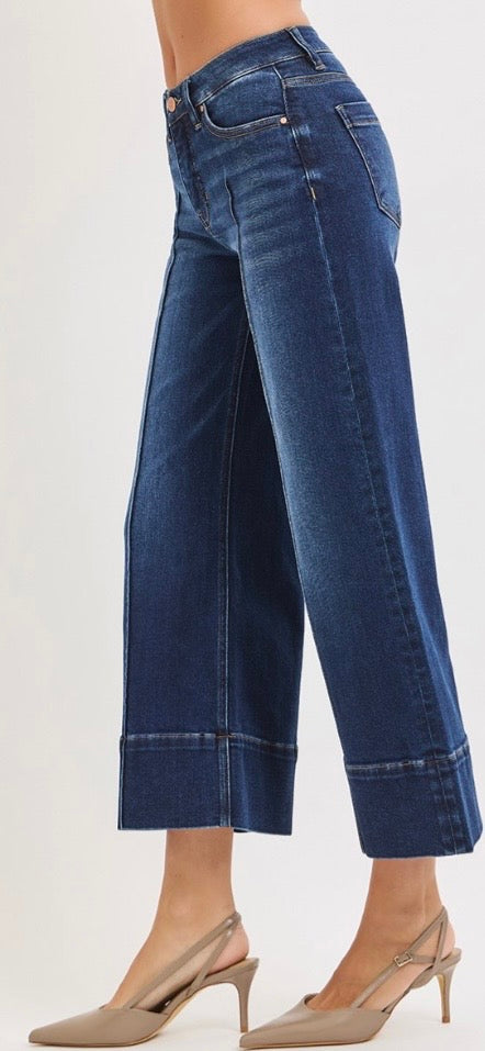 Risen tummy control midrise crop wide pintuck jeans
