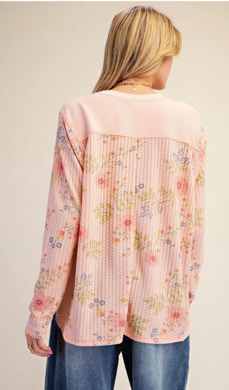Printed washed thermal knit top