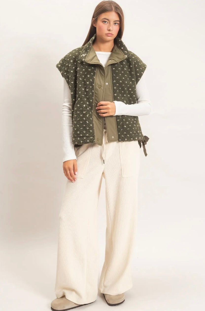 Green polka dot sherpa vest