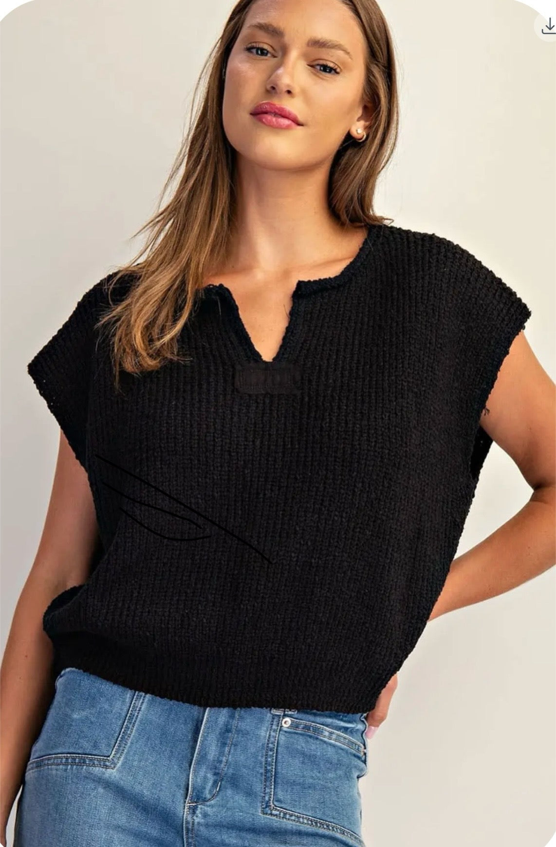 Solid cap sleeve notched neck knit sweater