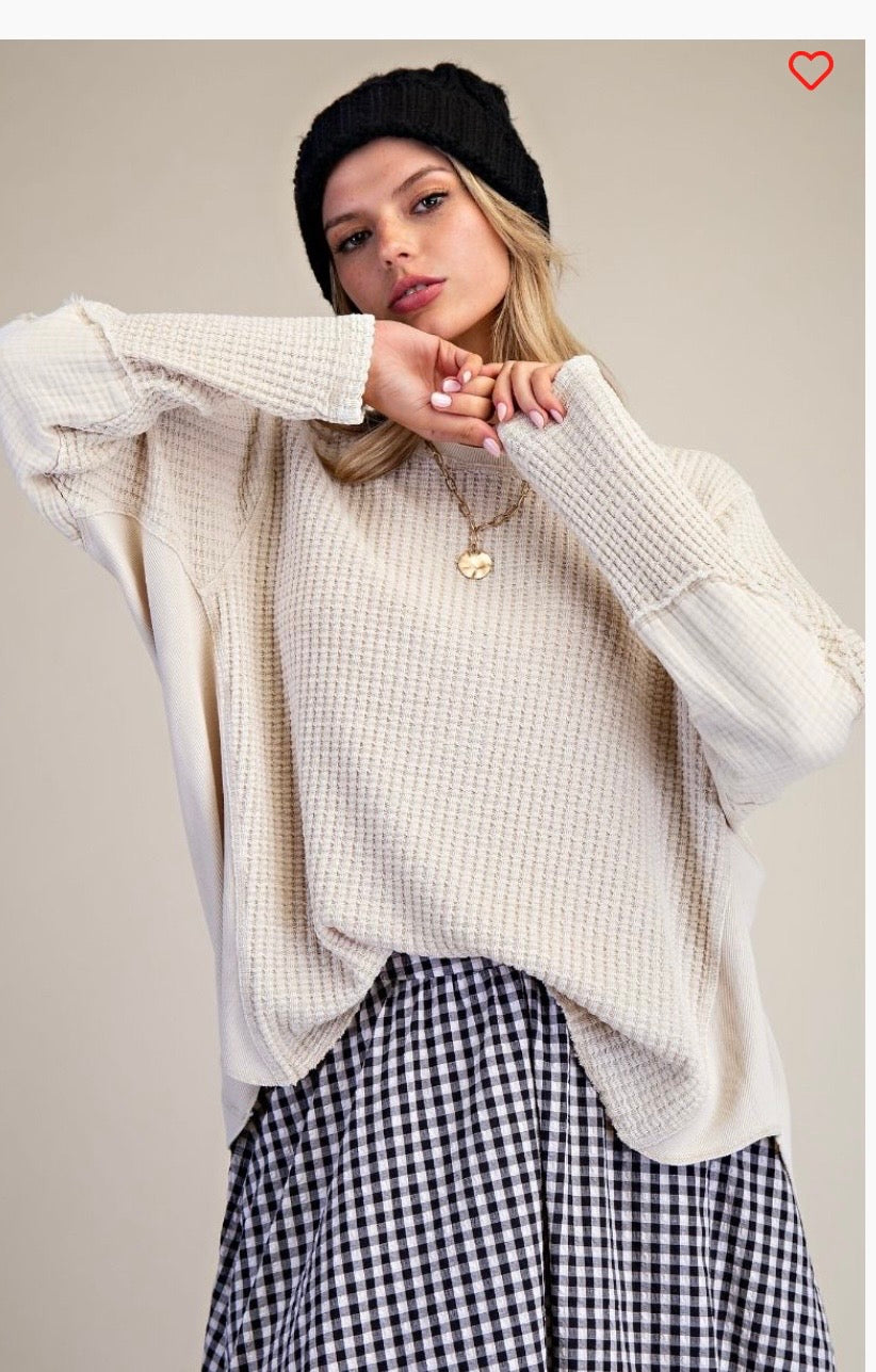 Washed thermal waffle knit top