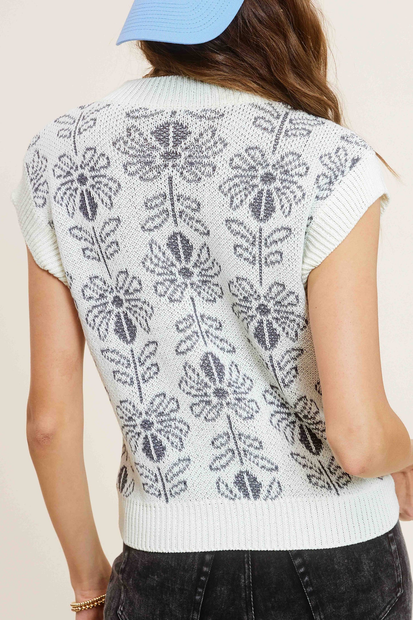 MCS3587-Floral Pattern Sleeveless Sweater Vest Top
