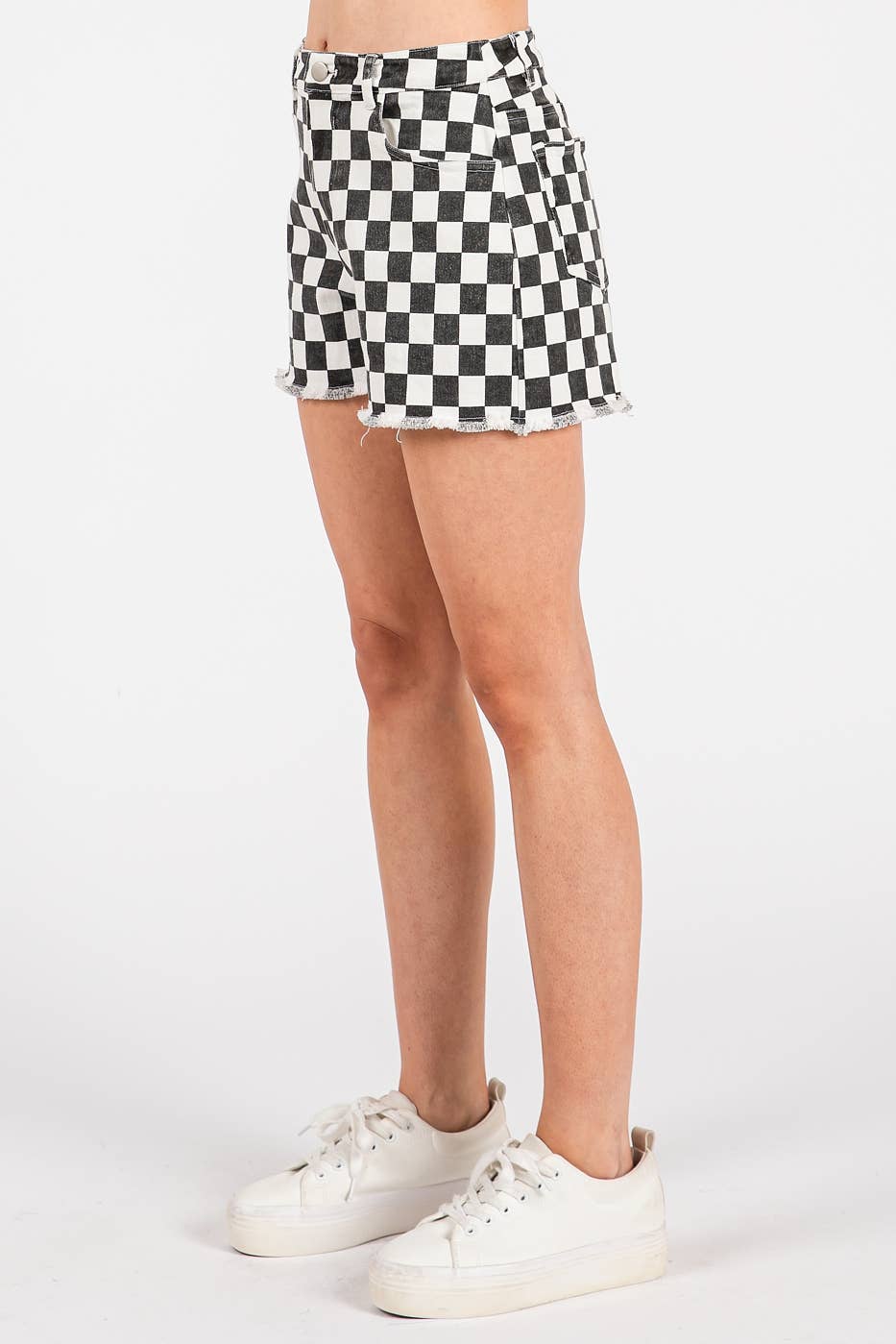 GAME DAY CHECKERED FRAYED HEM CASUAL SHORTS