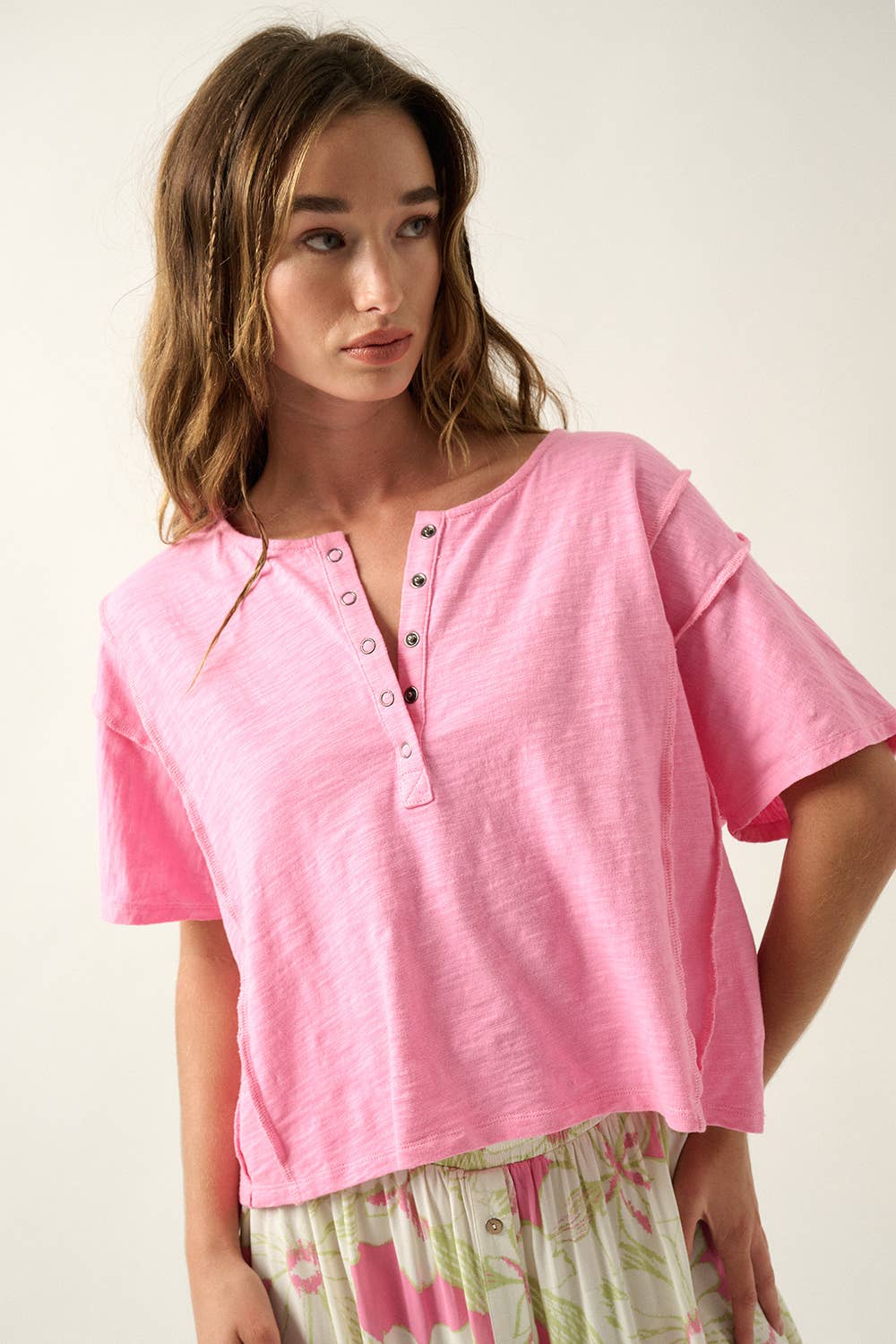 Easy Fit Mineral-Wash Exposed Seam Slub Knit Shirt
