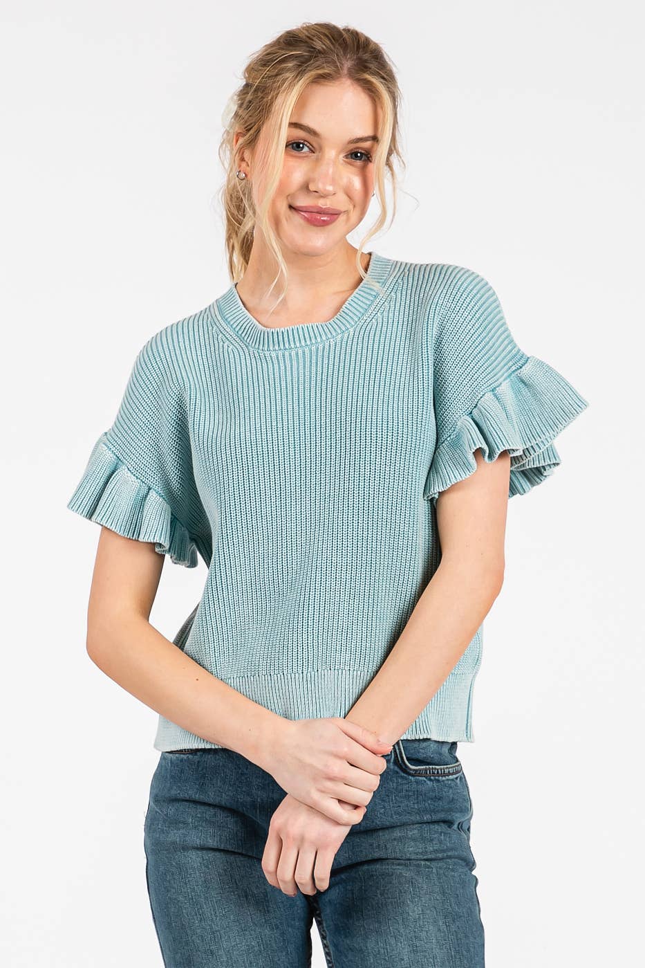 MINERAL WASH RUFFLE SHORT SLEEVE SWEATER TOP