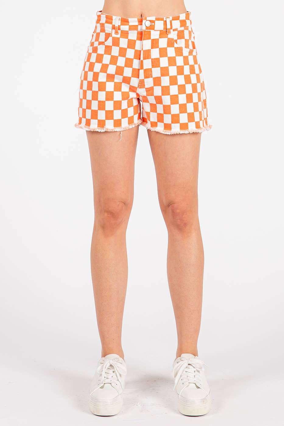 GAME DAY CHECKERED FRAYED HEM CASUAL SHORTS