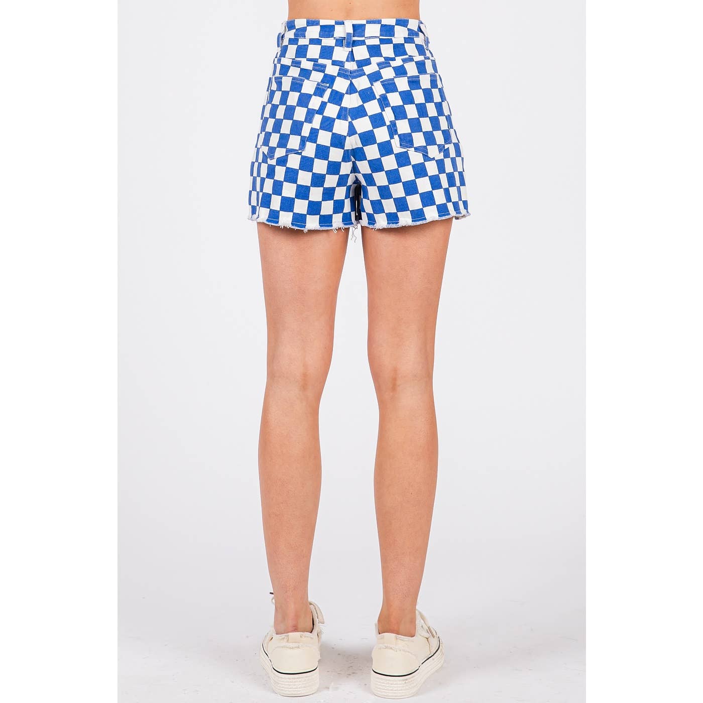 GAME DAY CHECKERED FRAYED HEM CASUAL SHORTS