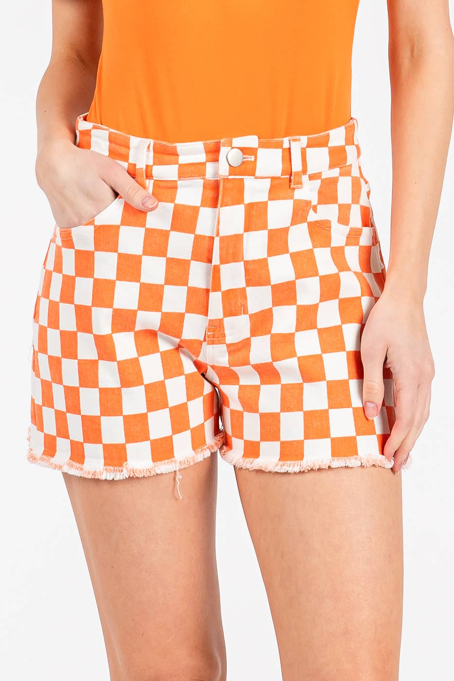 GAME DAY CHECKERED FRAYED HEM CASUAL SHORTS
