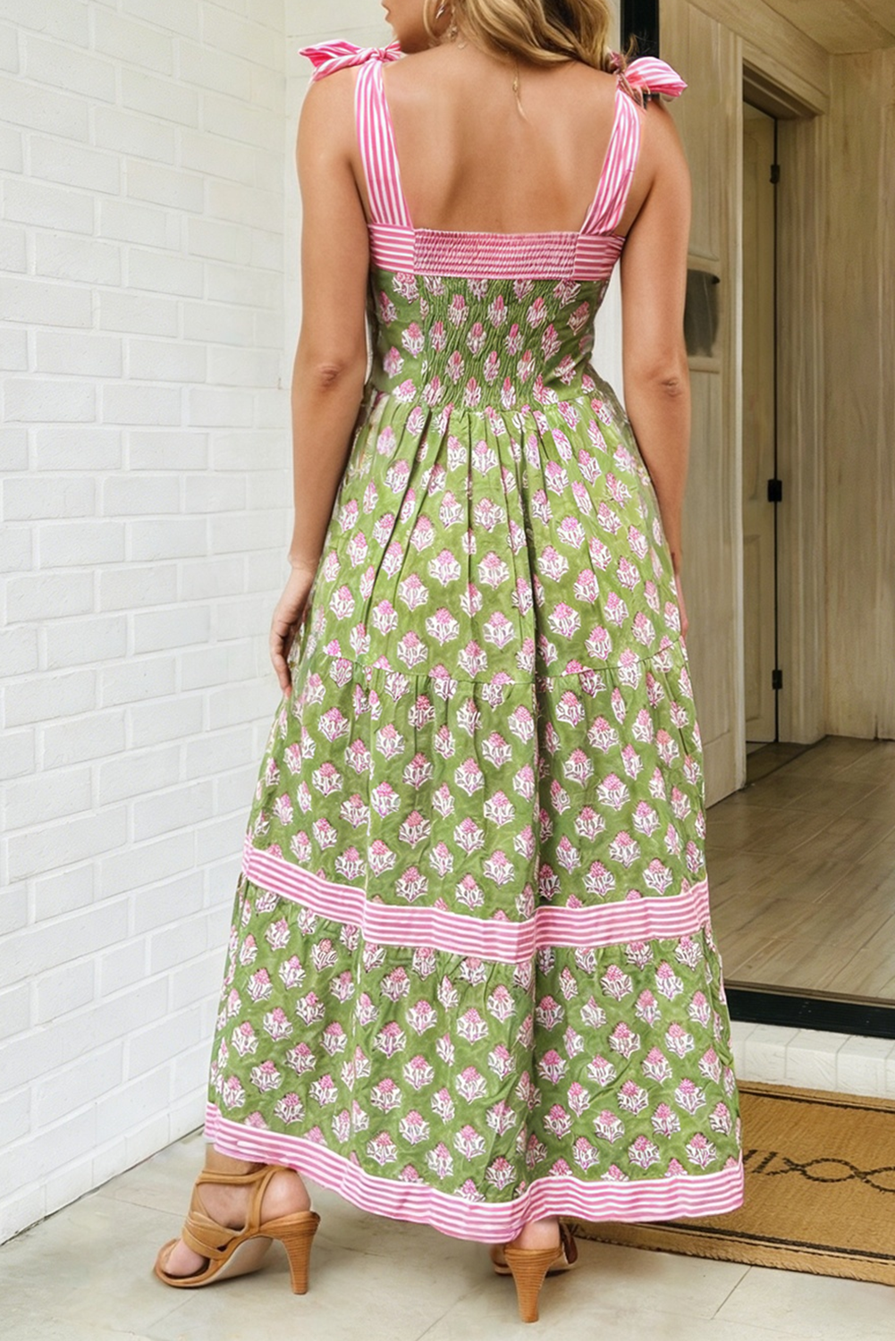 Floral Print Stripe Detail Knot Straps Maxi Dress