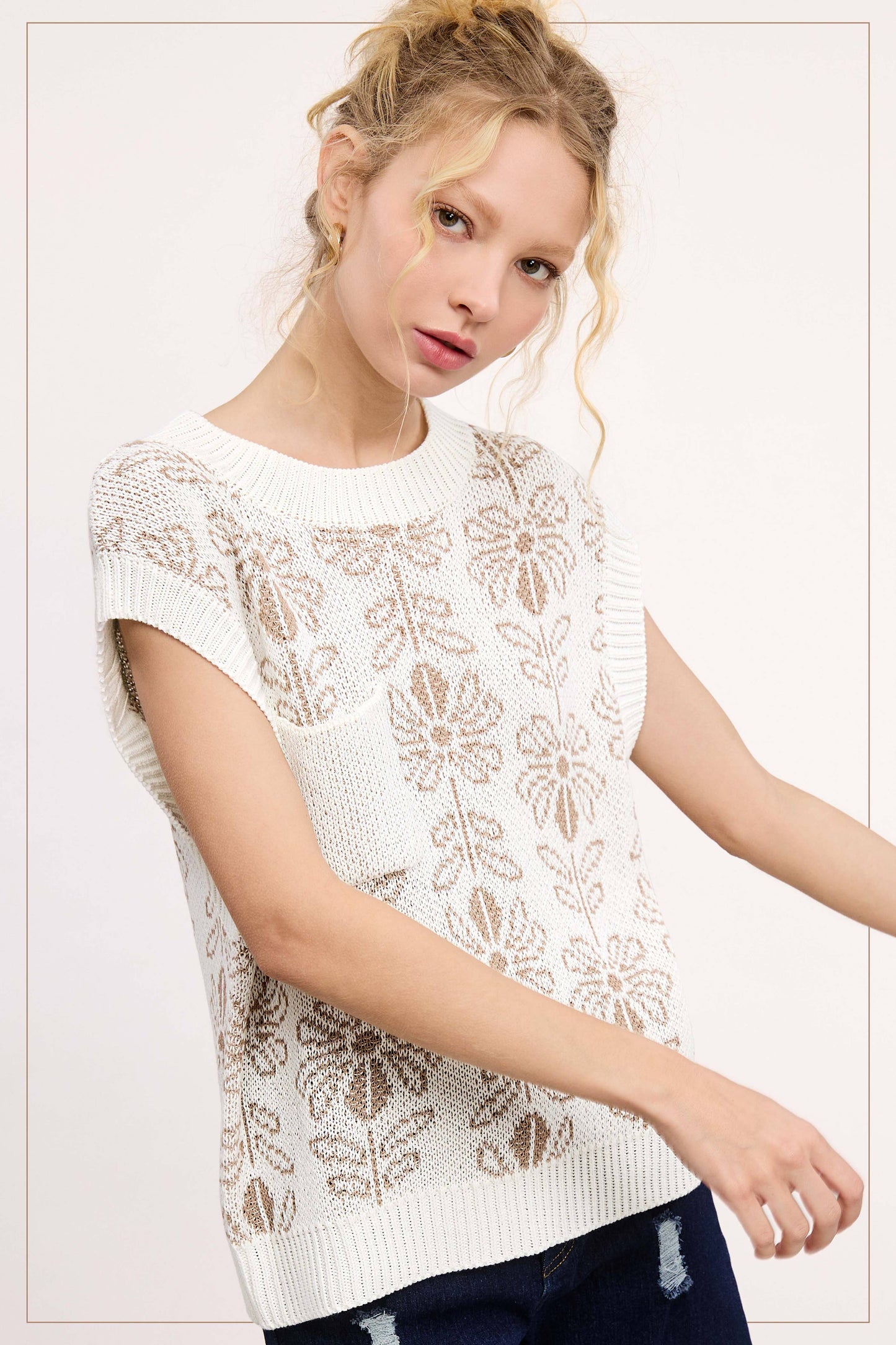 MCS3587-Floral Pattern Sleeveless Sweater Vest Top
