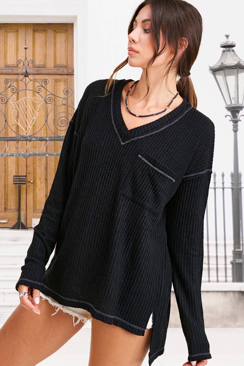 JAT7555-Stretchy Brushed Waffle V-neck Long Sleeve Top