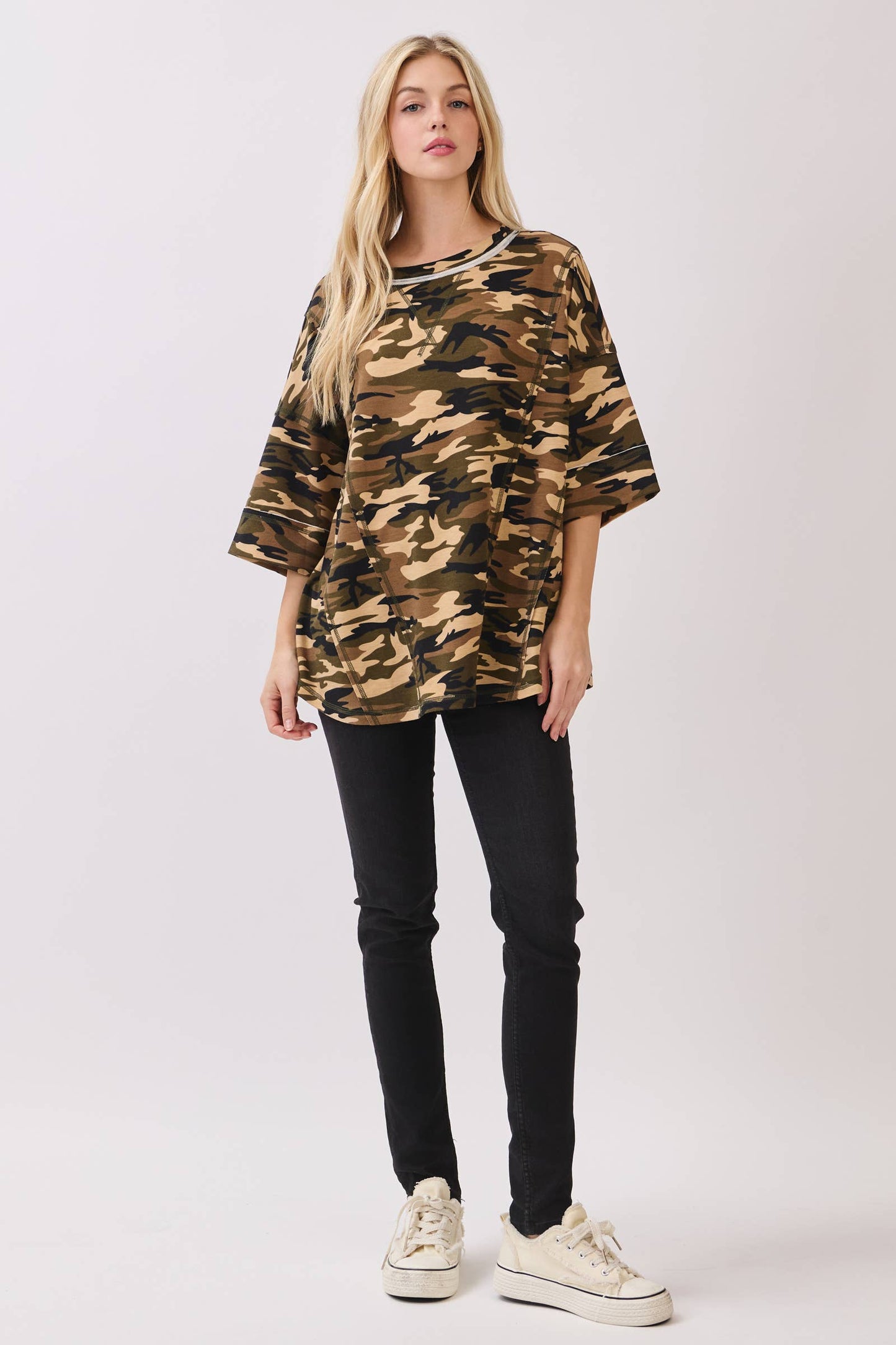 Relaxed Camo Stitch Detail Top