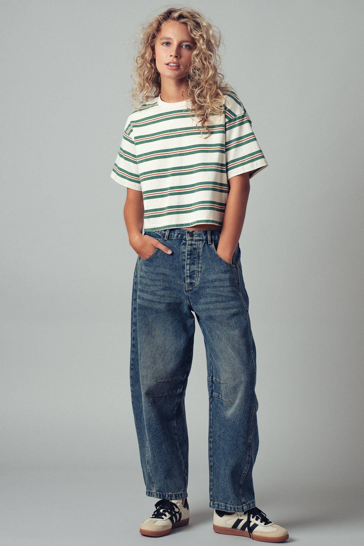 Urban Daizy - Vintage Washed Striped Cotton Crop Tee